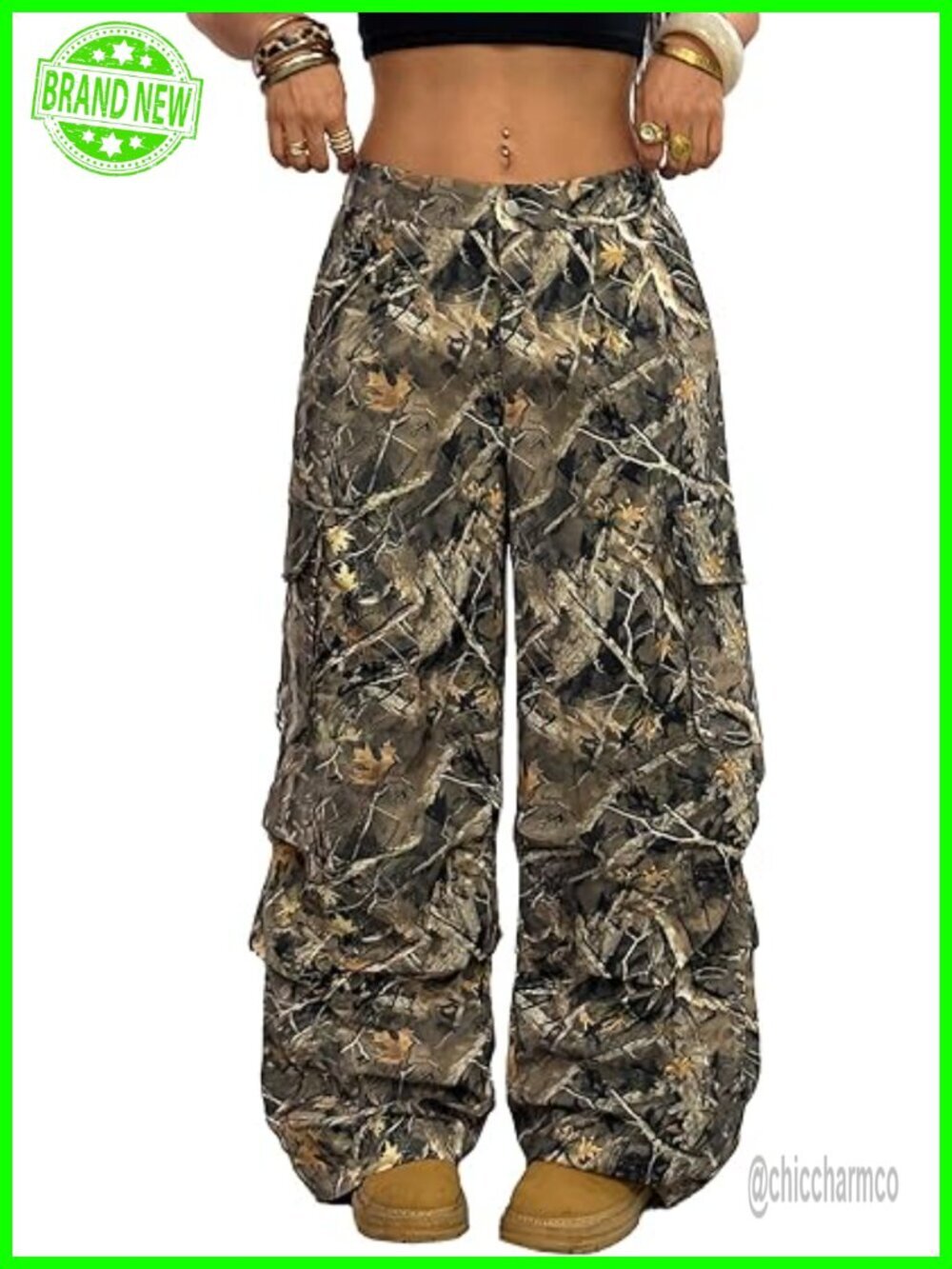 Women's Camo Print Baggy Cargo Pants Elastic Waist Flap Pocket Straight Leg